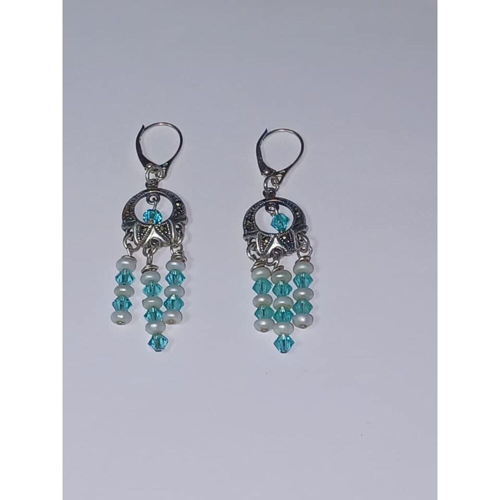 Fancy 925 Marcasite Ying Yang Tree of life Freshwater pearls Swarovski earrings